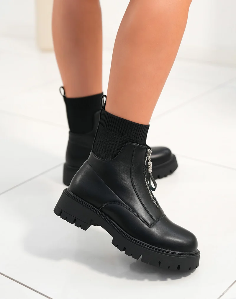 Bottines femme noires effet chaussettes avec fermeture zippée et semelle crantée