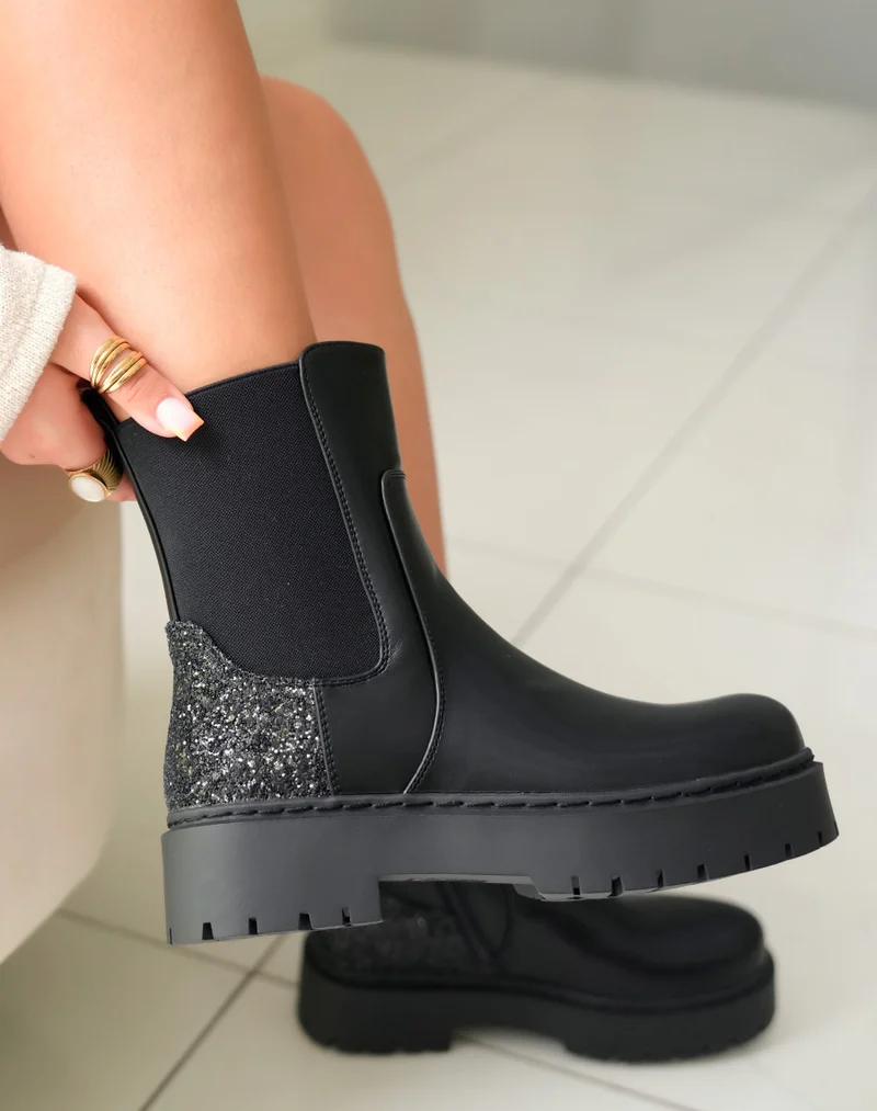 Bottines Femme Bi-Matière Noires à Empiècement Pailleté
