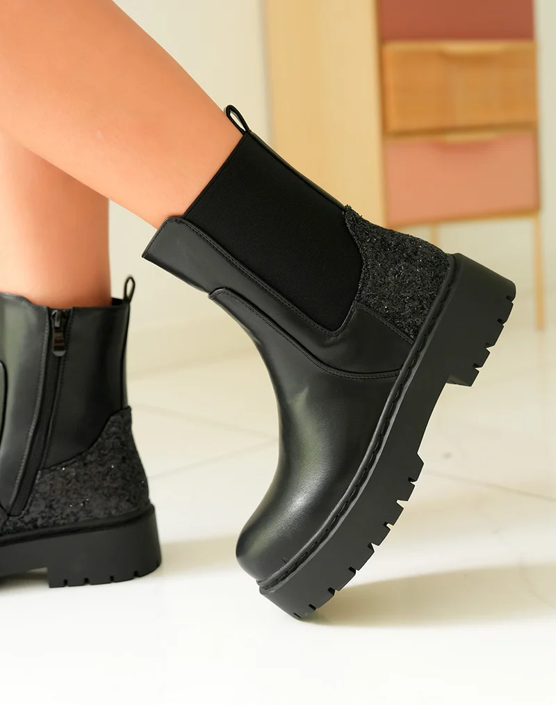 Bottines Femme Bi-Matière Noires à Empiècement Pailleté