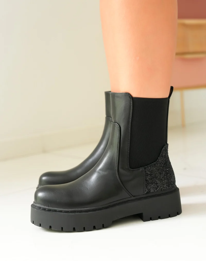 Bottines Femme Bi-Matière Noires à Empiècement Pailleté