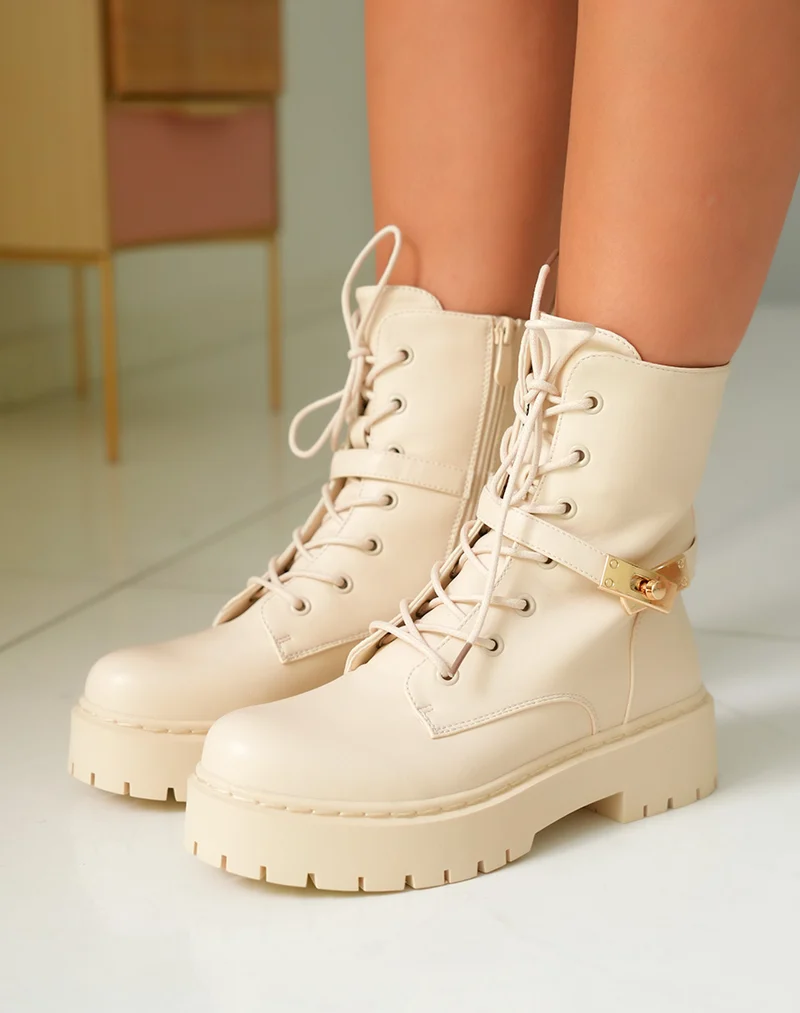 Bottines Montantes Beige Femme à Semelle Crantée avec Détails Dorés