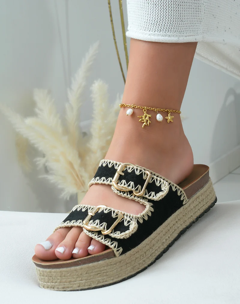 Mules femme en suédine noire à double bride et plateforme en jute