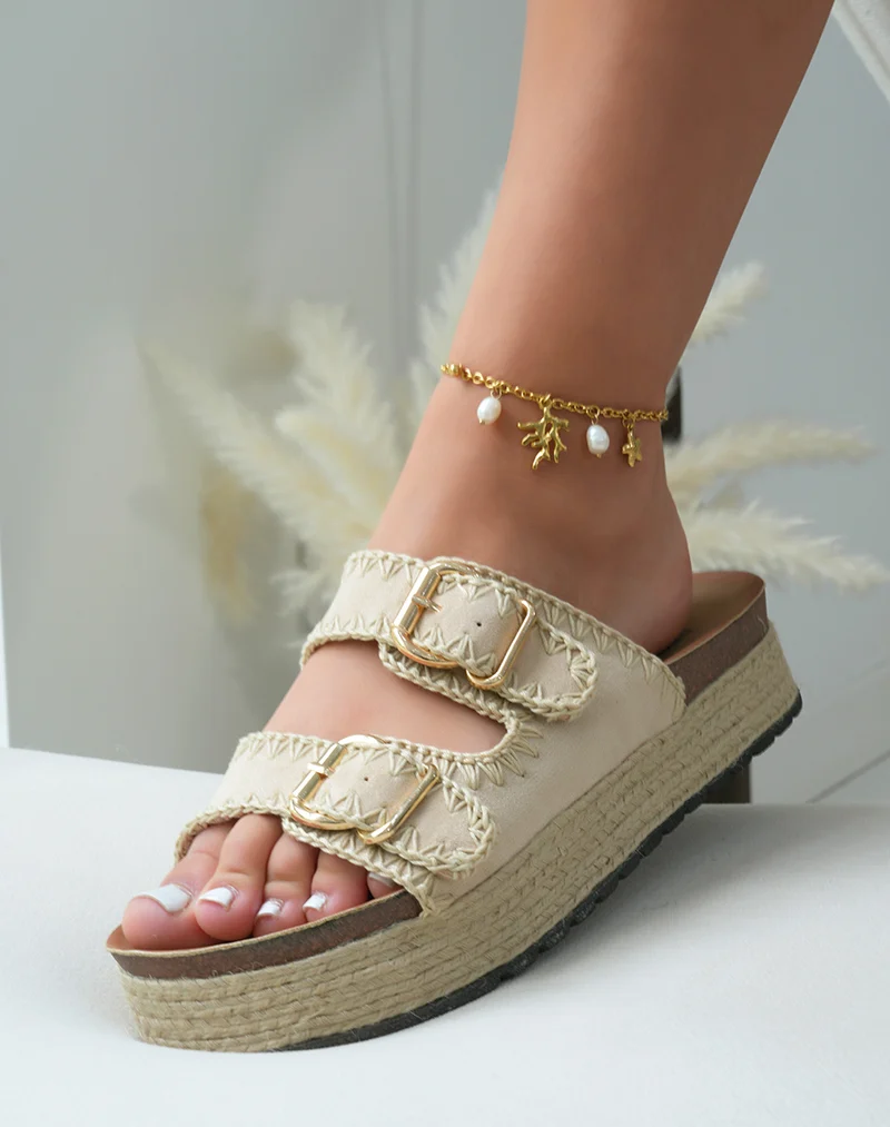 Mules femme en suédine beige à double bride et plateforme en jute