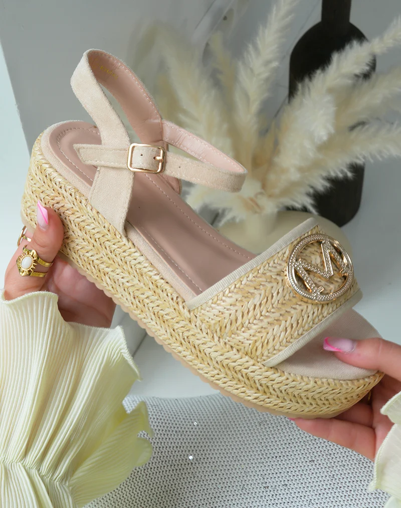 Sandales compensées femme beige avec plateforme en jute et bijou doré M