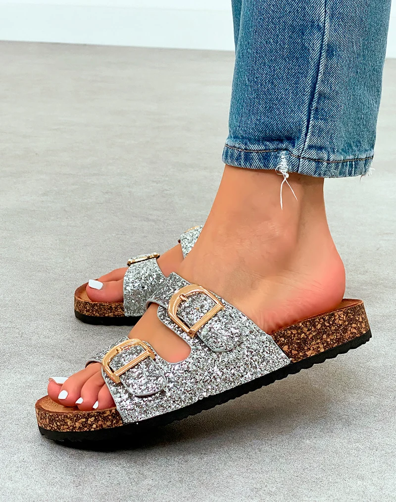 Sandales Mules Femme Scintillantes Argentées avec Boucle Dorée