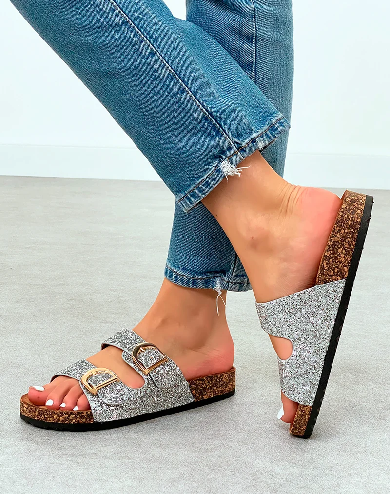 Sandales Mules Femme Scintillantes Argentées avec Boucle Dorée