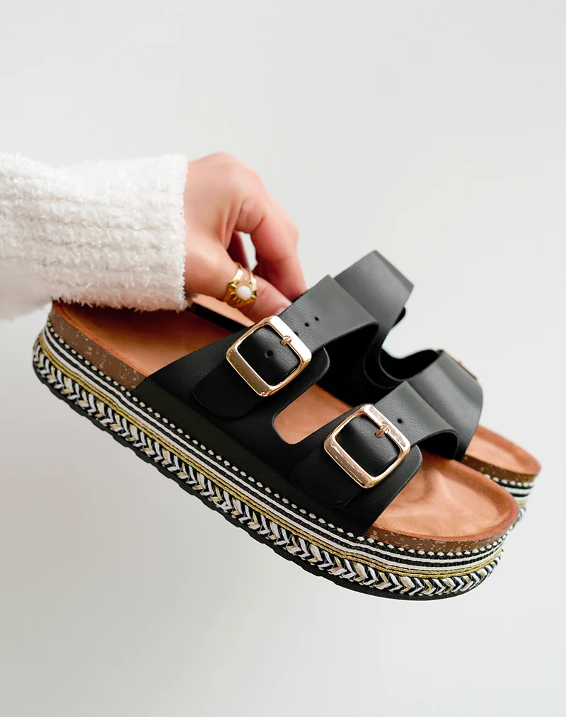 Mules Femme Noires à Plateforme et Double Sangle Tendance Été