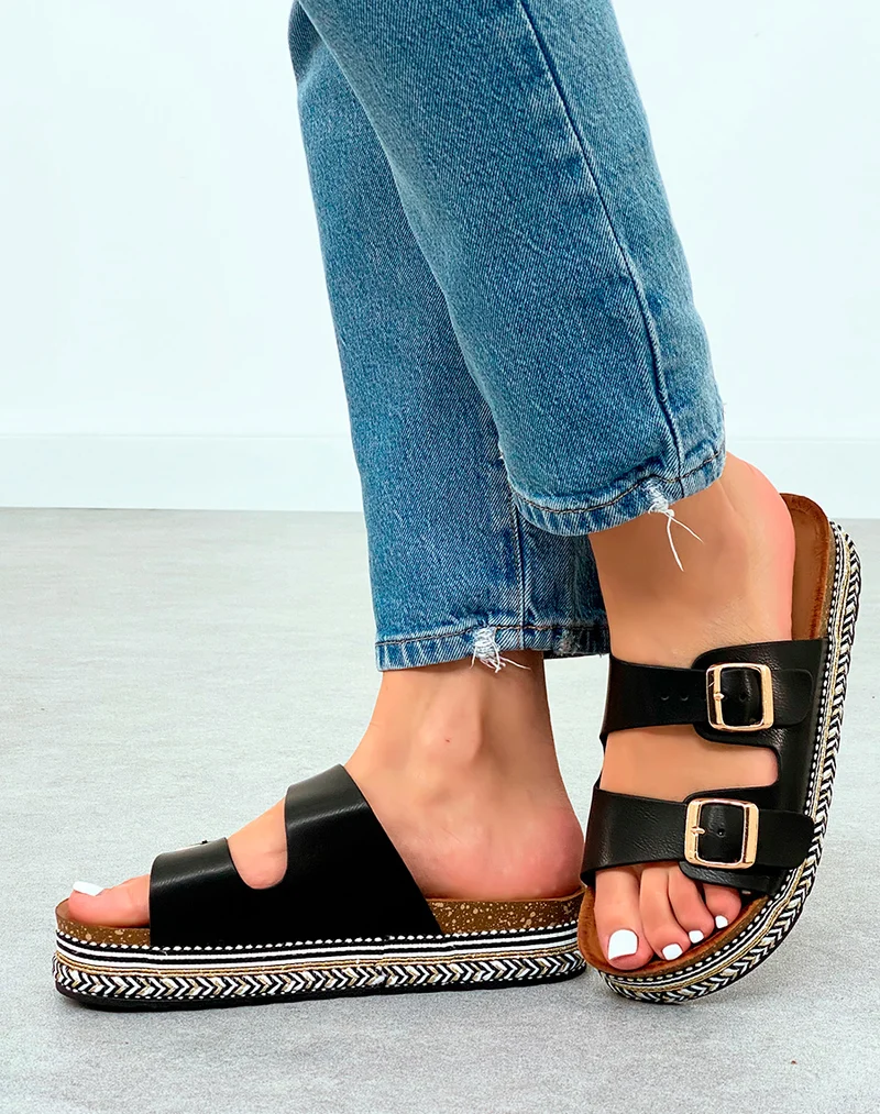 Mules Femme Noires à Plateforme et Double Sangle Tendance Été