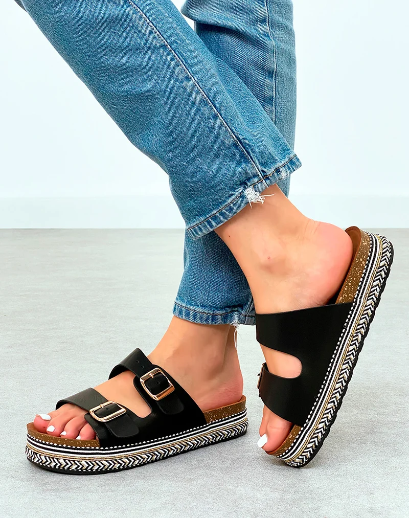 Mules Femme Noires à Plateforme et Double Sangle Tendance Été