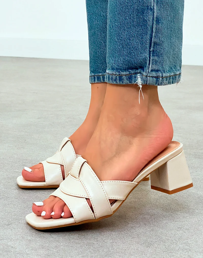 Mules Femme Beige à Talon Carré et Brides Entrecroisées – Élégance Épurée