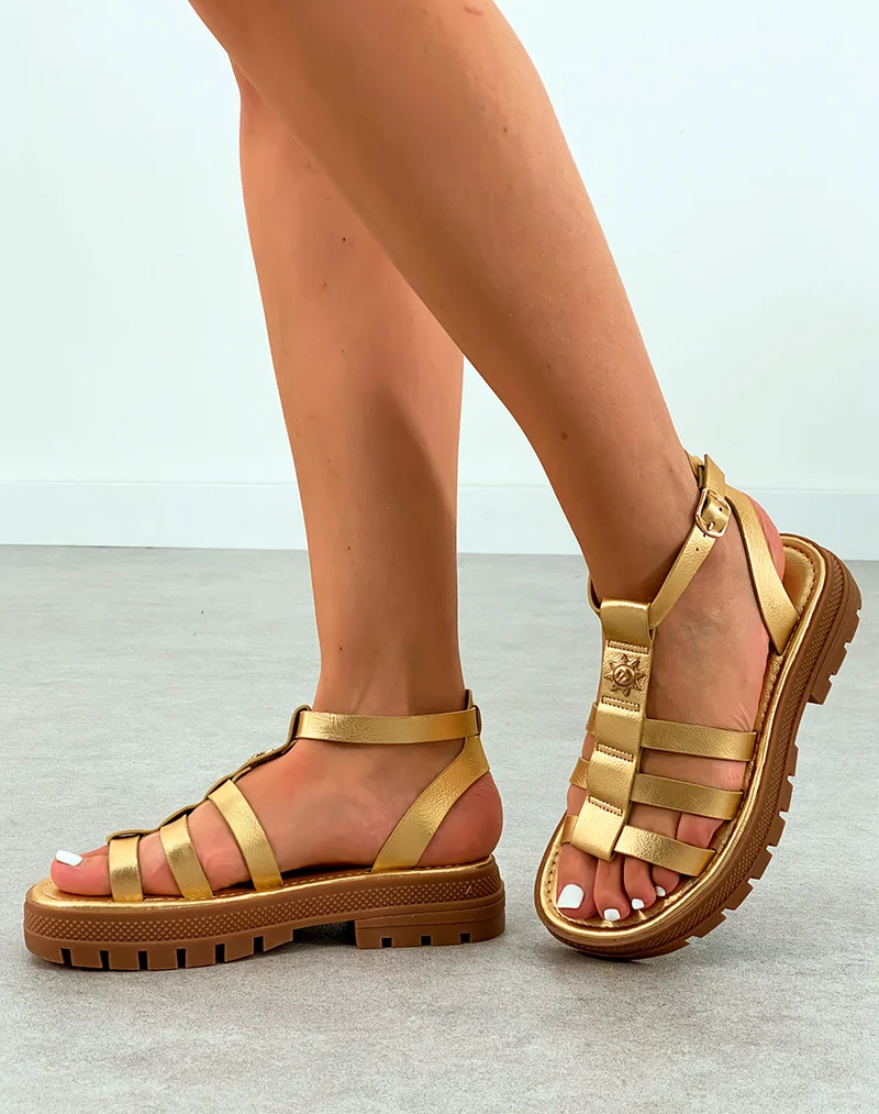 Sandales Dorées à Semelle Crantée et Bijou Soleil - Tendance et Confort Optimal