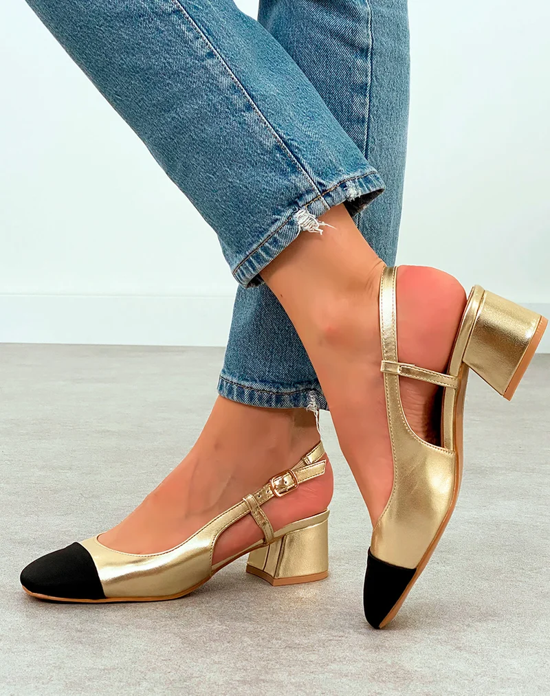 Sandales Femme Dorées à Bout Noir et Talon Bloc - Confort et Éclat pour Toute Occasion