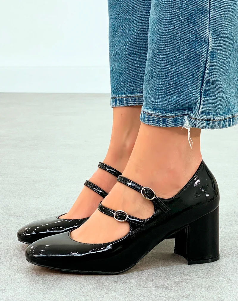 Babies Femme Noires Vernies à Talon Moyen - Double Brides et Éclat Argenté