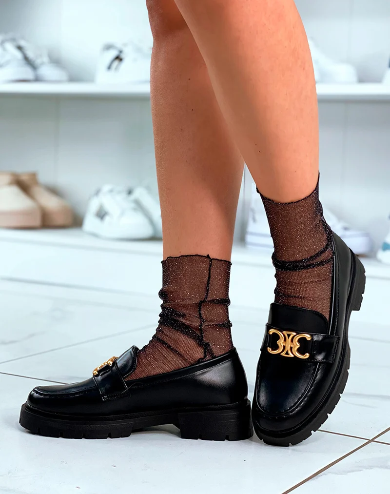 Mocassins noirs à plateforme et à détail doré