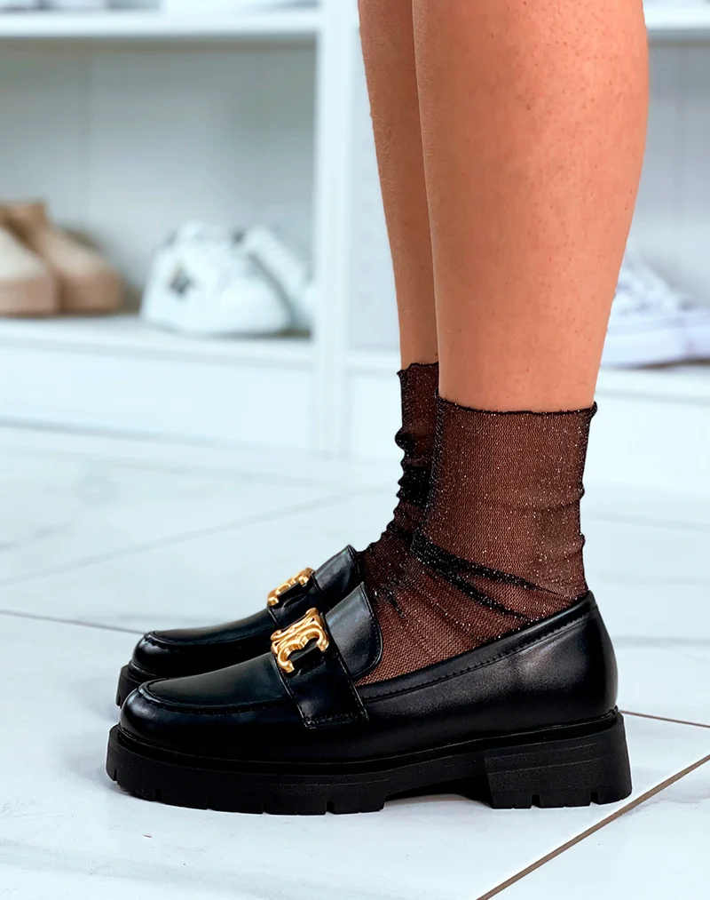 Mocassins noirs à plateforme et à détail doré