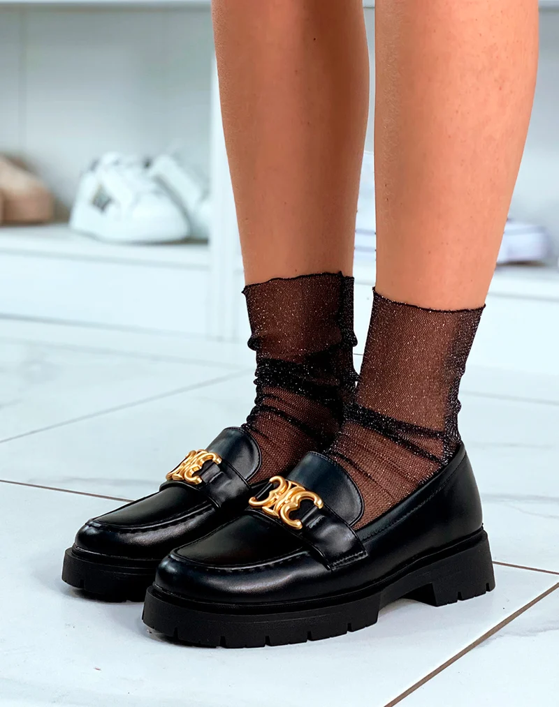 Mocassins noirs à plateforme et à détail doré