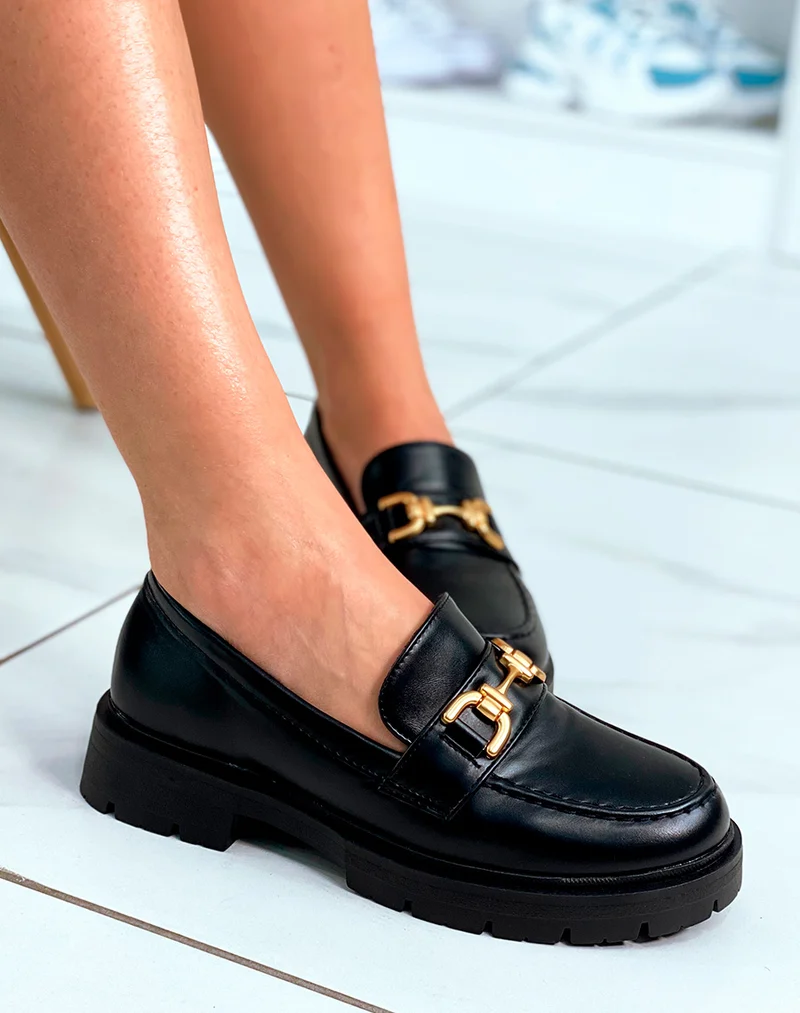 Mocassins noirs à plateforme et à détail doré pour femme