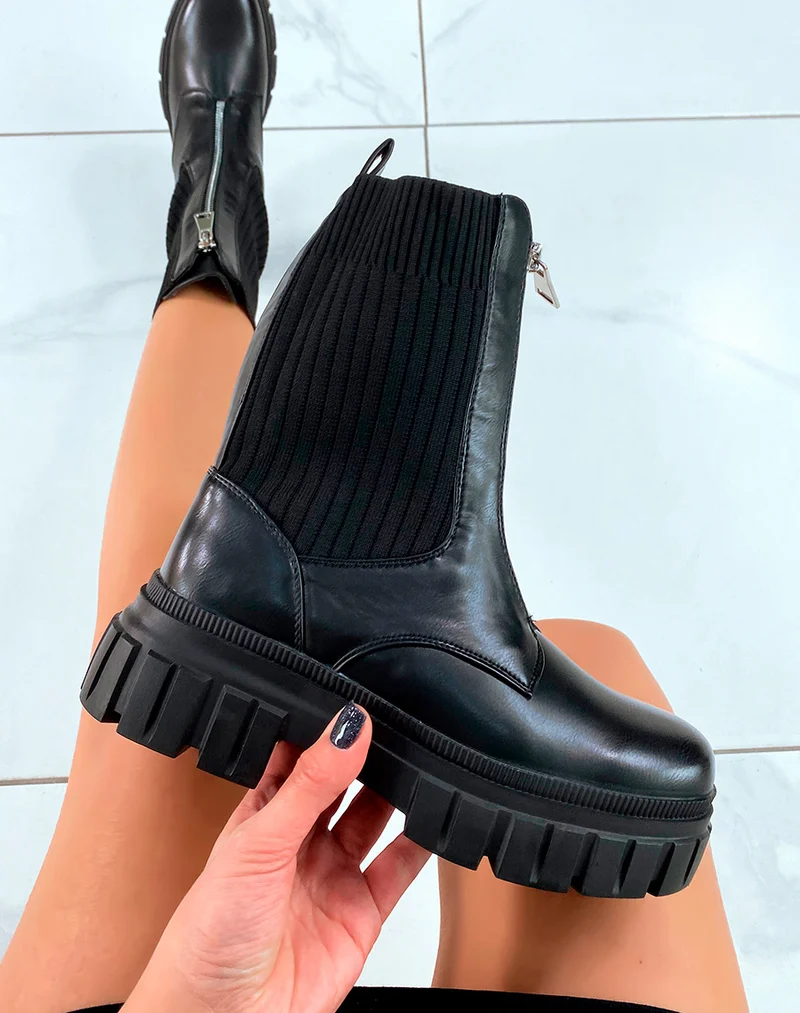 BOTTINES NOIRES MONTANTES EFFET CHAUSSETTE ZIPPÉE