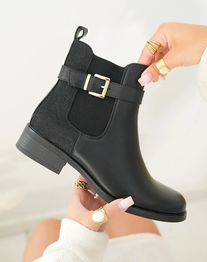 BOTTINES NOIRES STYLE CHELSEA AVEC LANIÈRE DORÉE ET EFFET BRILLANT