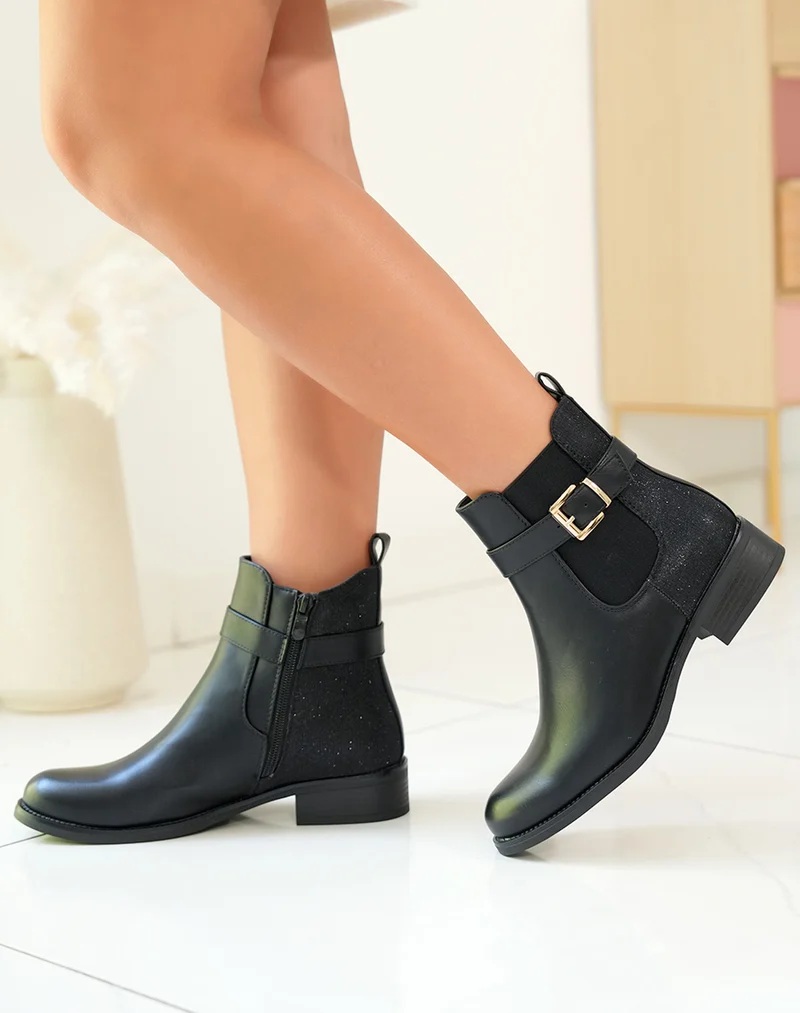BOTTINES NOIRES STYLE CHELSEA AVEC LANIÈRE DORÉE ET EFFET BRILLANT
