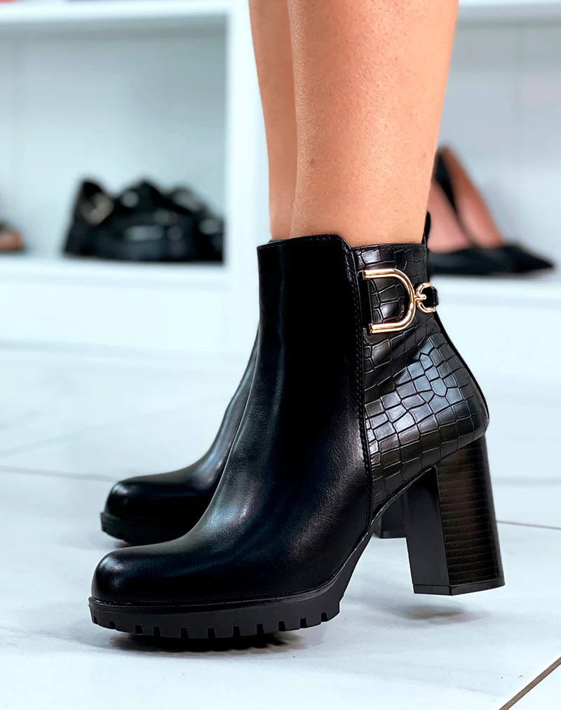 Bottines noires bi-matière à talon haut et à détails dorés