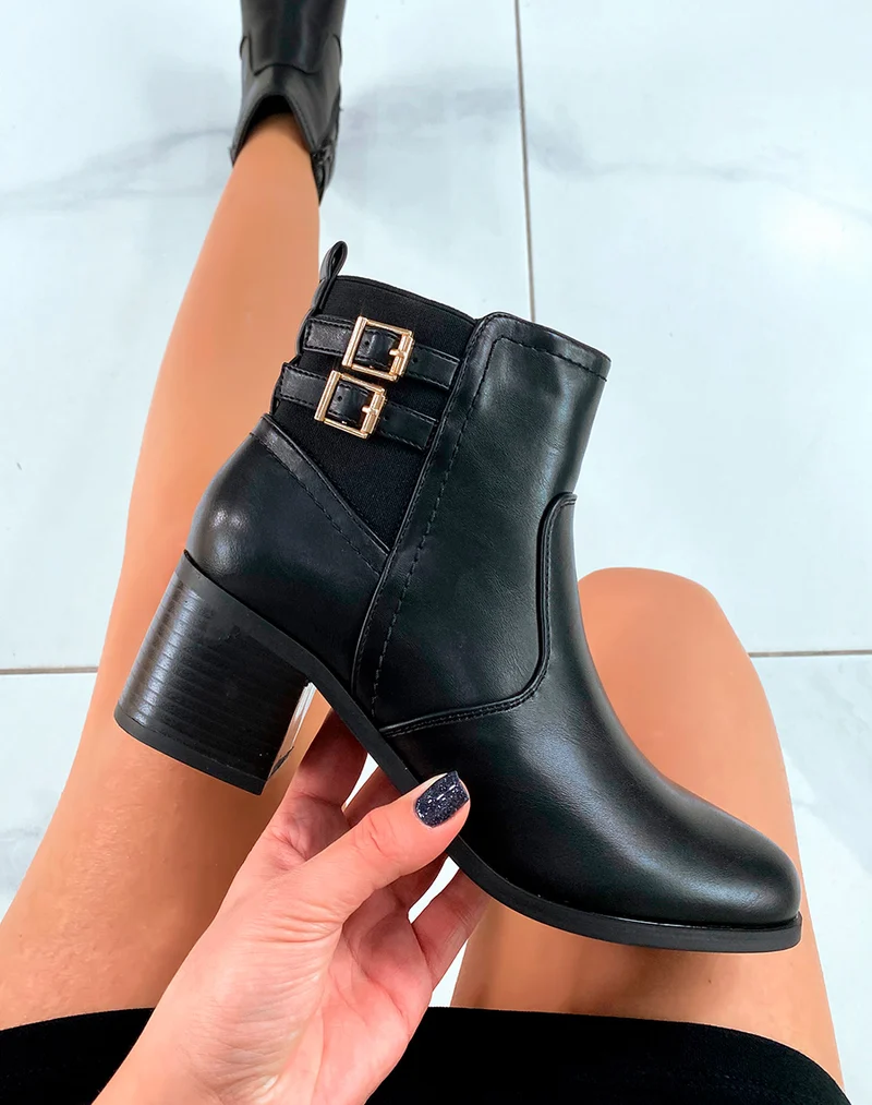 Bottines noires à double boucle dorée