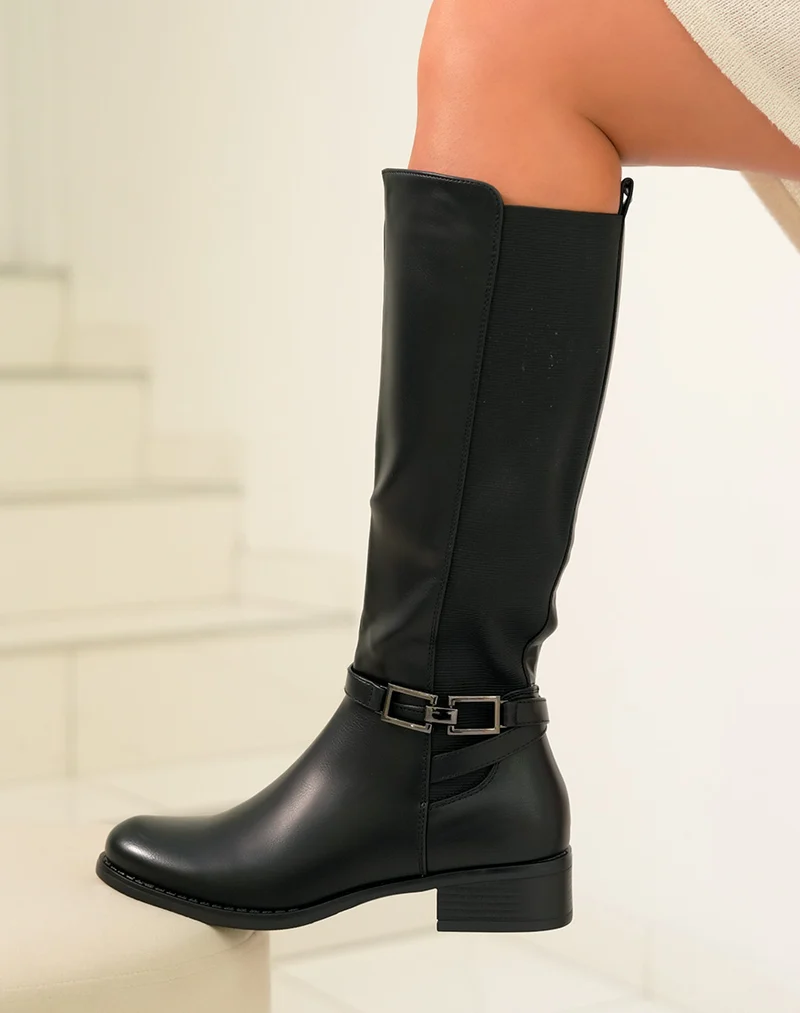 Bottes noires à petits talons bi-matière et à détails gris métalliques
