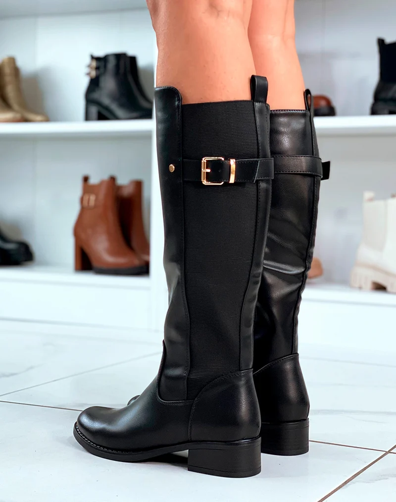 Bottes noires à petits talons bi-matière et à détails dorés