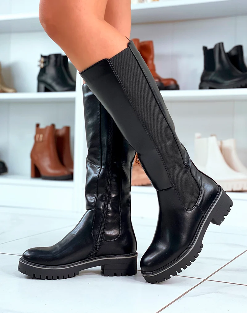 Bottes noires style chelsea montantes bi-matière a bout rond