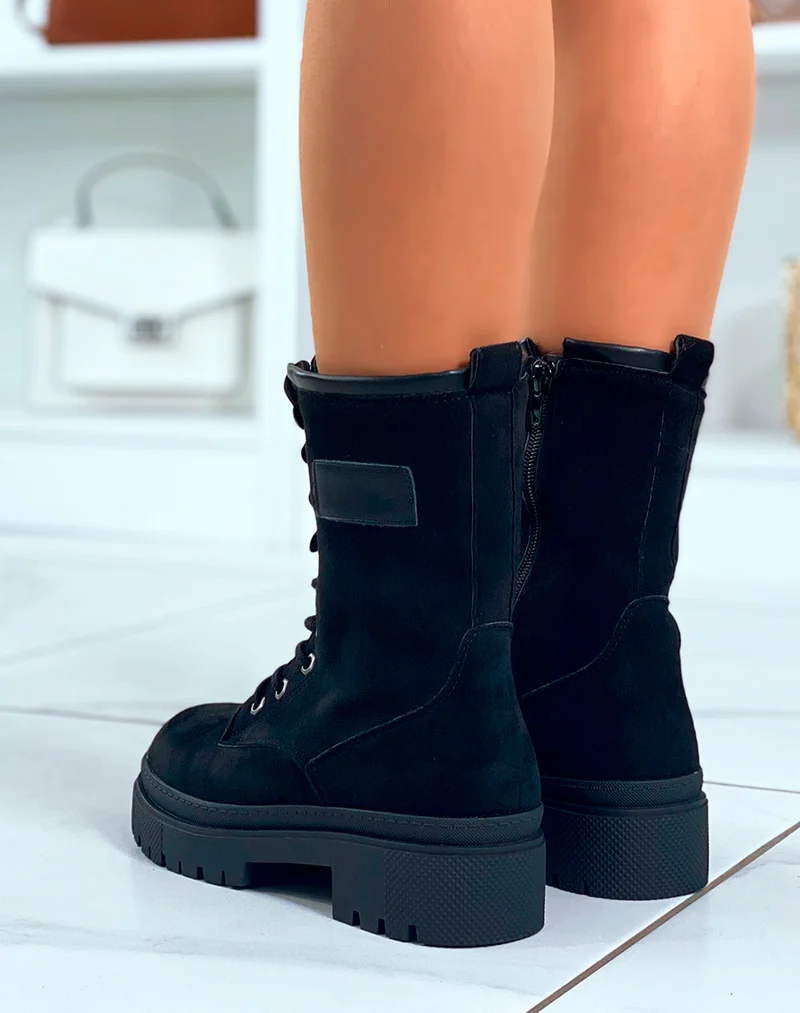 BOTTINES MONTANTES NOIRES EN SUEDINE ? LACETS AVEC SEMELLE CRANT?E