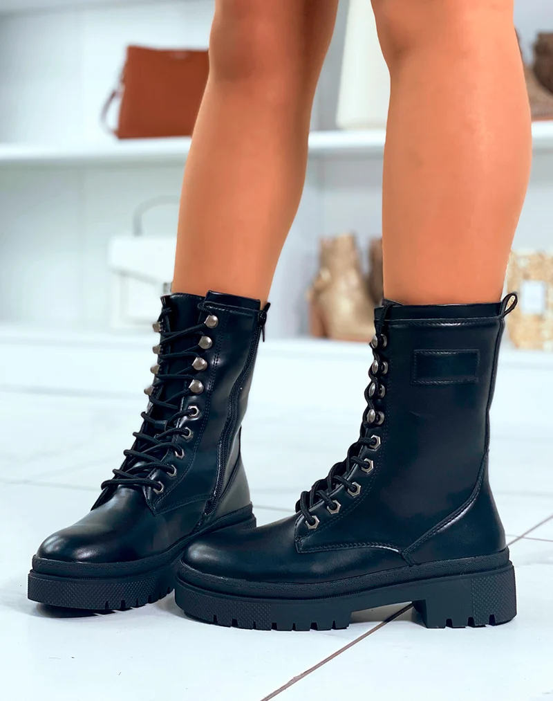 BOTTINES MONTANTES NOIRES LISSE ? LACETS AVEC SEMELLE CRANT?E