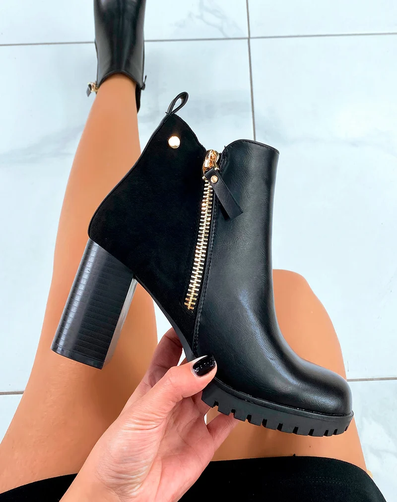 Bottines Noires Bi-Matière à Talons Hauts - Audace et Style avec Zip Doré