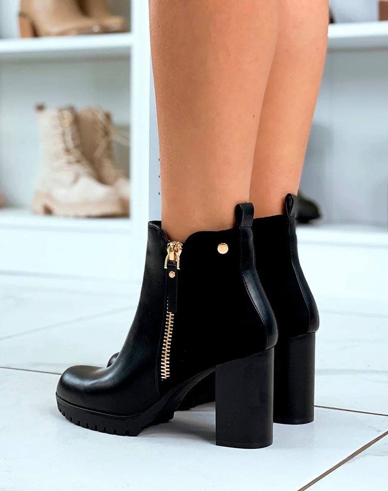 Bottines Noires Bi-Matière à Talons Hauts - Audace et Style avec Zip Doré