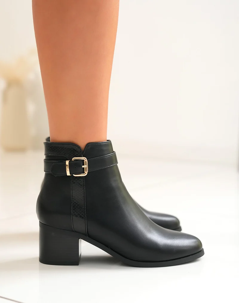 Bottines Noires Bi-Matière avec Sangle Dorée - Confort et Raffinement