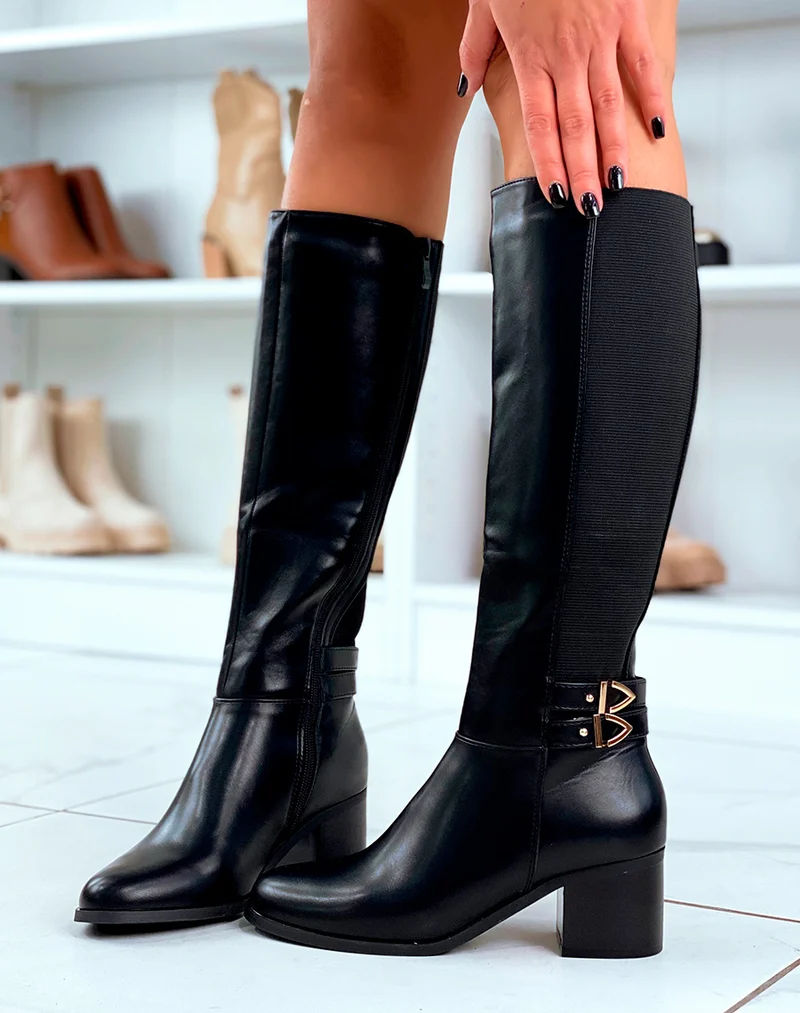 Bottes Noires Bi-Matière : Détails Dorés et Conception Élégante