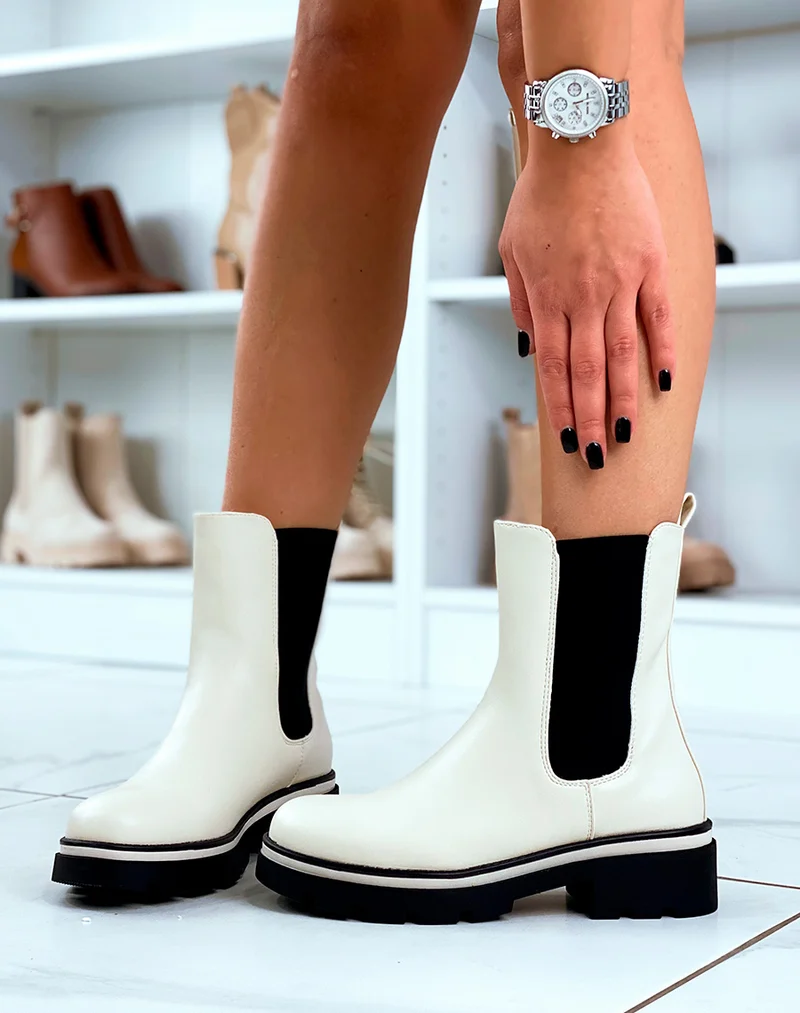 BOTTINES BEIGES MONTANTE STYLE CHELSEA AVEC SEMELLE CRANTÉE POUR FEMME