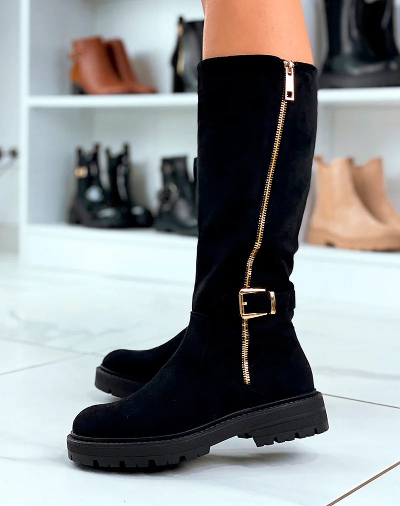 BOTTES NOIRES EN SUÉDINE AVEC ZIP DORÉE