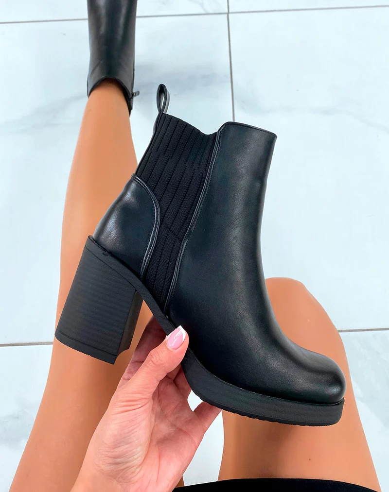 Bottines Chelsea Noires Bi-Matière avec Talon Carré : Le Chic Intemporel pour Femme