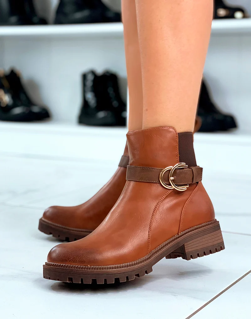 BOTTINES CAMEL FÉMININES AVEC ÉLASTIQUE ET LANIÈRES ARGENTÉES