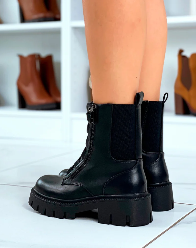 Bottines Noires Montantes ? Lacet Avec ?lastique