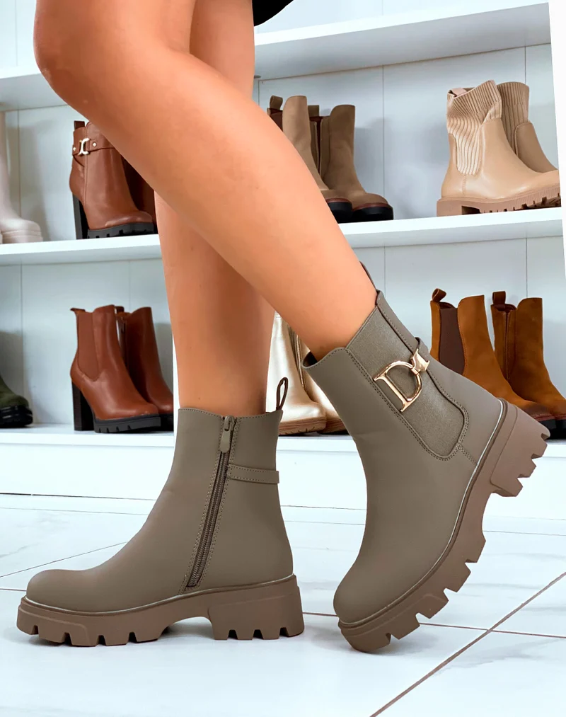 Bottines Chelsea Taupe Mat Avec Boucle Dorée