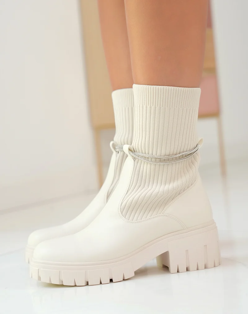 Élégantes Bottines Beiges Femme à Effet Chaussette et Strass