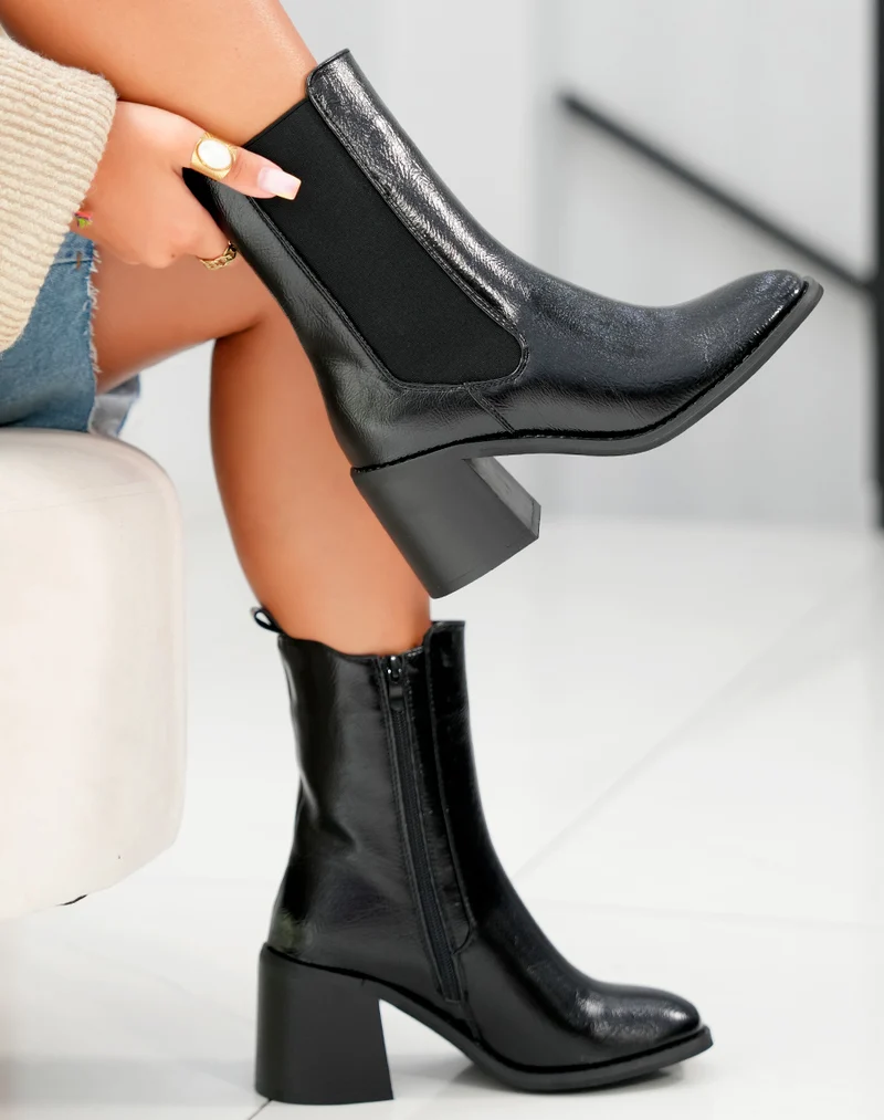 Éblouissantes Bottines Noires Chelsea à Talon Carré et Effet Brillant