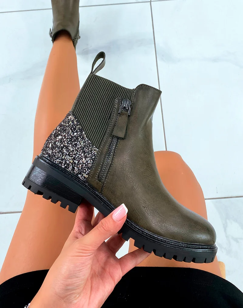 Bottines femme kaki avec détail paillette