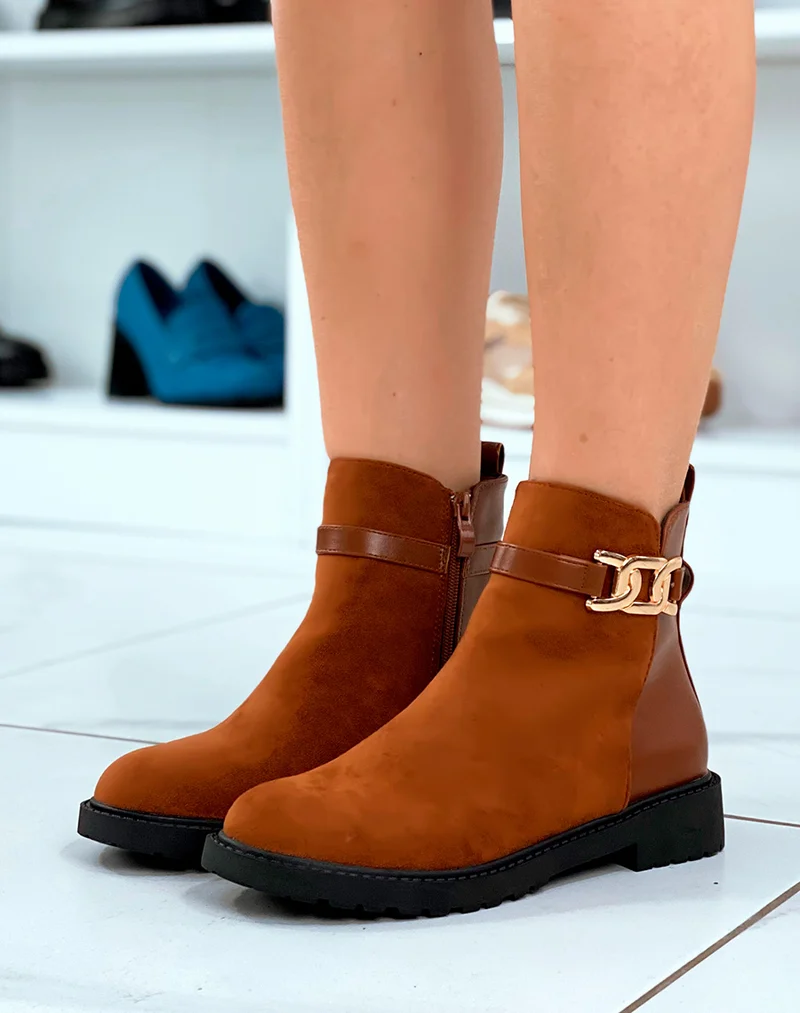 Bottines Femme Camel Distinctives : Bi-Matière & Détails Dorés