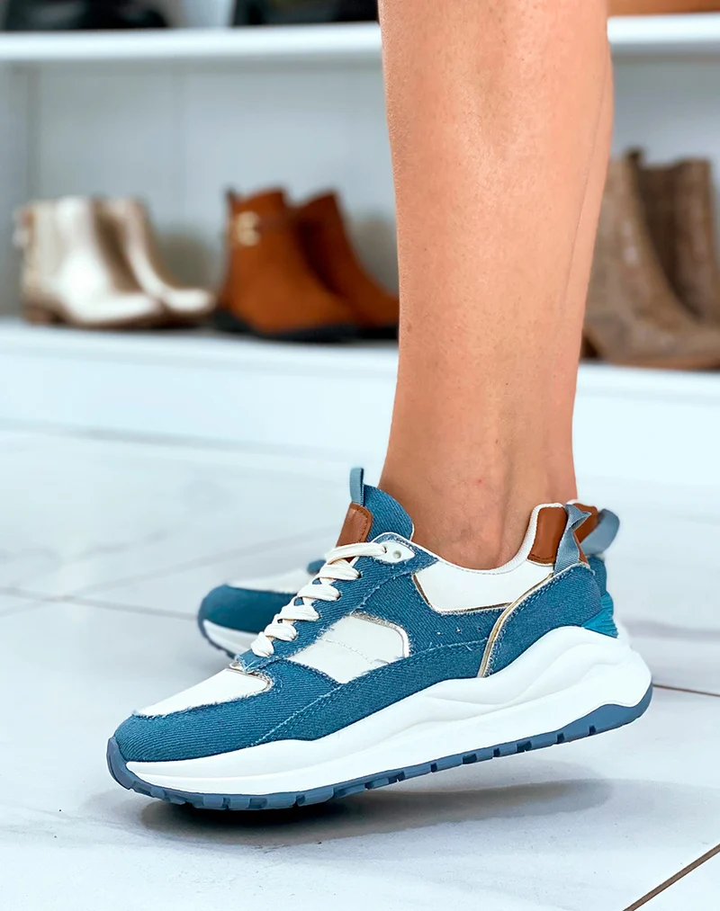 Baskets femme blanches avec empiècements en jean