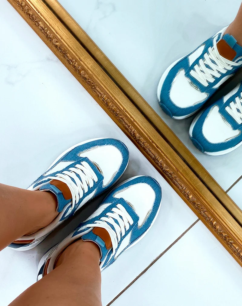 Baskets femme blanches avec empiècements en jean