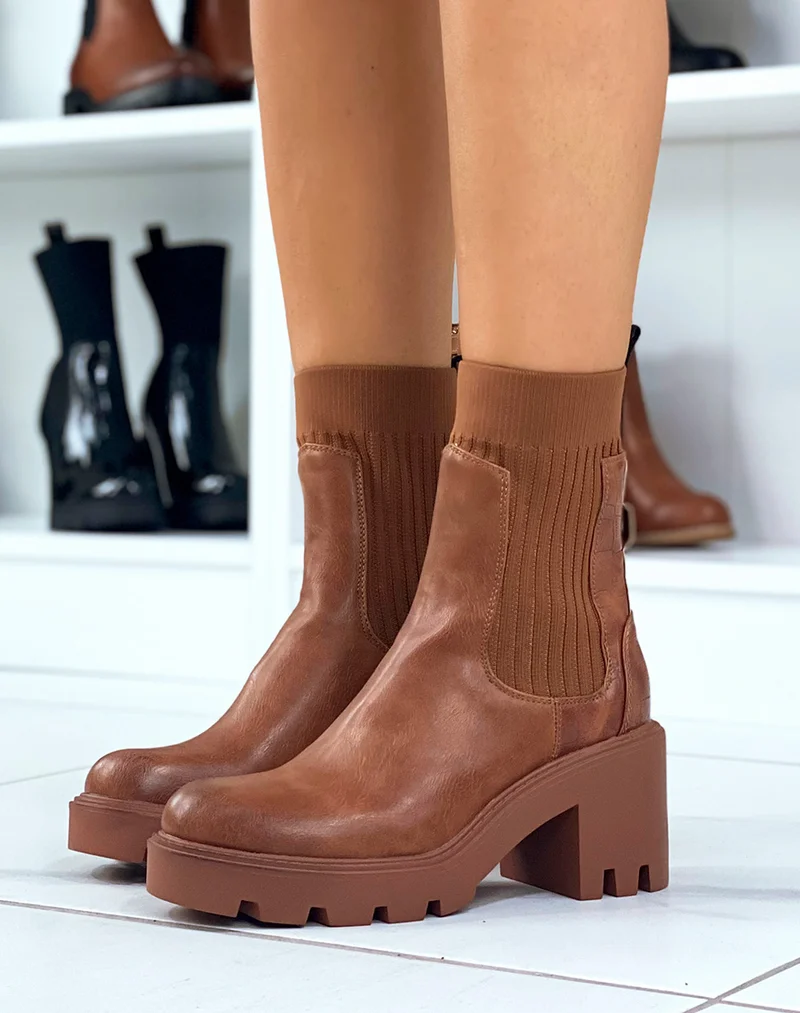 Bottines camel bi-matière style chelsea à talon