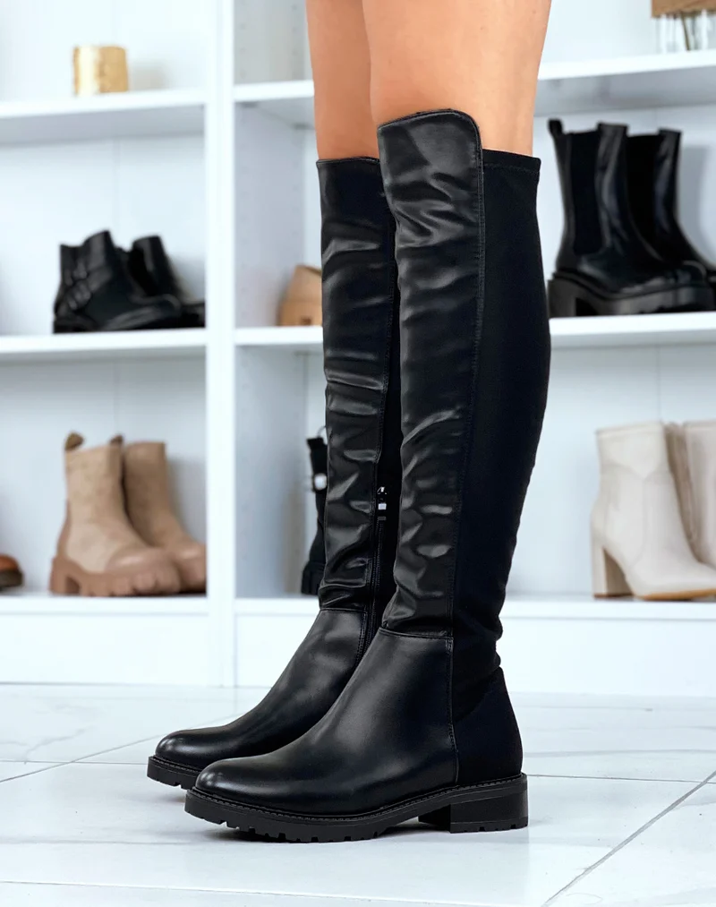 Bottes noires bi-matière effet tissus à fine semelle