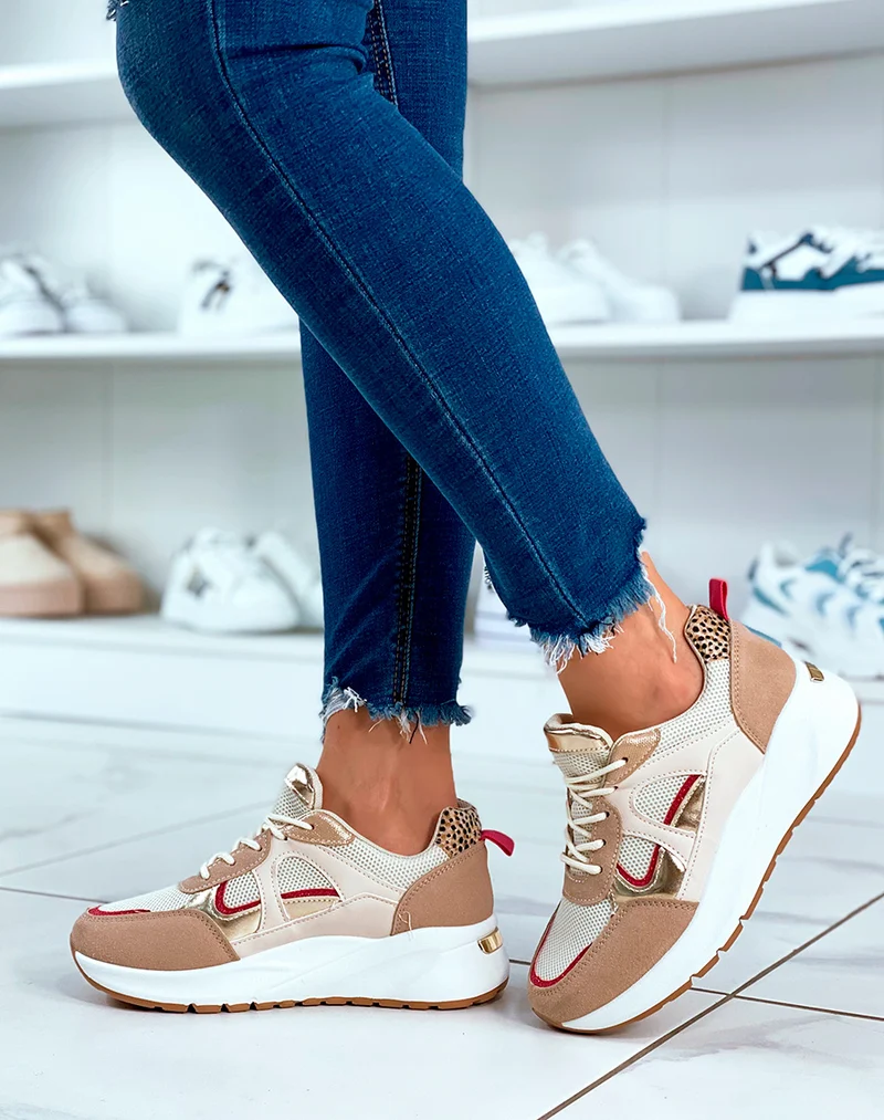 Baskets beige à lacets avec détails paillettes et empiècements beige